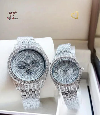 Unisex Rose Gold Couple Watches 2Pcs Crystal Chain Strap